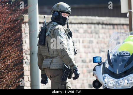 Duisburg, Allemagne. Mar 16, 2017. Un officier des forces spéciales est situé sur une rue à Duisburg, Allemagne, 16 mars 2017. Un homme armé a volé une banque le jeudi matin à Duisburg. Selon les premières indications de la police, l'homme est toujours à l'intérieur de l'immeuble avec deux employés. La police des forces puissantes se sont réunis en face de la banque, un porte-parole a informé. Photo : Marcel Kusch/dpa/Alamy Live News Banque D'Images