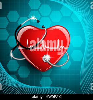 Matériel médical stéthoscope et forme de coeur. Illustration de Vecteur