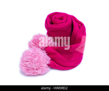 Foulard rouge tricoté de pompons avec sur fond blanc Banque D'Images