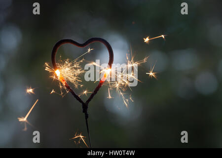 Forme de coeur sparkler brûler dans le noir Banque D'Images