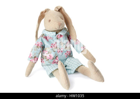 Assis doux lapin toy on white Banque D'Images