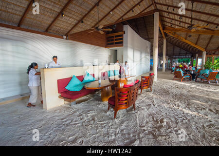 Les Maldives, Rangali Island. Conrad Hilton Resort. Sandy hall de la réception. Banque D'Images