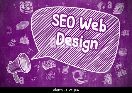 SEO Web Design - Illustration Doodle sur tableau noir pourpre. Banque D'Images