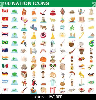 100 nations, cartoon style icons set Illustration de Vecteur