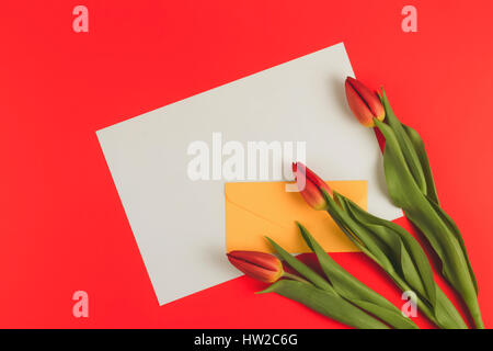 Fleurs tulipes et enveloppe jaune avec le papier blanc sur fond rouge Banque D'Images