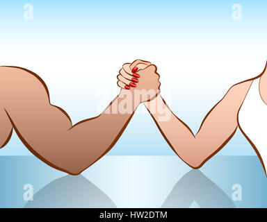L'homme et la femme des bras de fer en tant que symbole de bataille des sexes ou l'égalité lutte. Illustration sur fond blanc. Banque D'Images