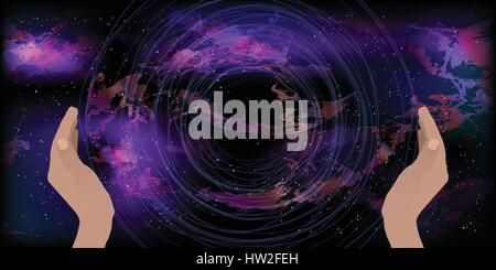 Le concept d'apaisement de la reste de la méditation. Gardant les mains pour garder l'arrière-plan de l'espace. Étoiles dans l'espace. Vector illustration pour votre des Illustration de Vecteur