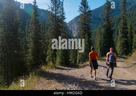 Les hommes de race blanche randonnée sur les montagnes en chemin Banque D'Images