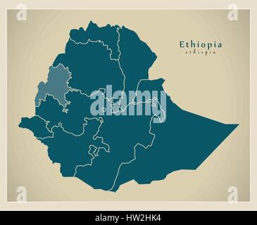 Carte moderne - l'Ethiopie avec les régions et Illustration de Vecteur