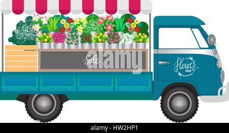 Le magasin de fleurs. Les fleurs boutique mobile sur roues. Vector illustration. Une voiture bleue avec des bouquets de fleurs. Illustration de Vecteur