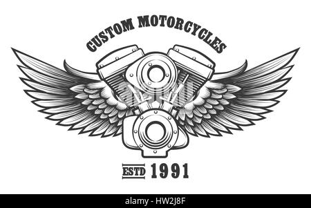 Moteur de moto et des ailes dans le style de tatouage personnalisé avec le libellé de l'atelier moto. Emblème, symbole, élément de design de l'atelier. Vector illustration. Illustration de Vecteur