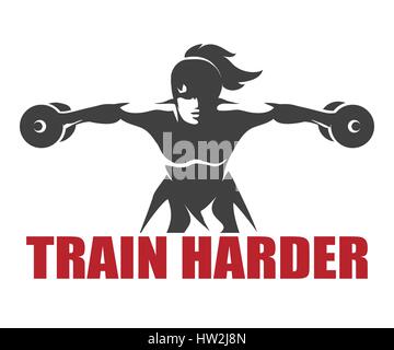 Femme athlétique formation avec haltères. Sport ou fitness club emblème avec slogan entraîner plus fort. Vector illustration. Illustration de Vecteur