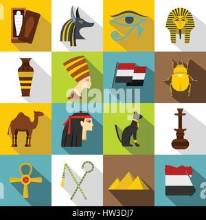 Articles de voyage Égypte icons set, style plat Illustration de Vecteur