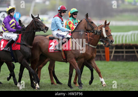 Sam Twiston-Davies Jockey (centre) sur Ballyoptic avant le début de l'obstacle des Stayers Paris Sun au cours de St Patrick's jeudi de la Cheltenham Festival 2017 à l'Hippodrome de Cheltenham. Banque D'Images