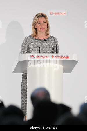 Cardiff, Royaume-Uni, le 17 mar, 2017. Justine Greening, député, secrétaire d'Etat à l'éducation prend la parole à l'printemps conservateur forum qui aura lieu au stade swalec ess Banque D'Images