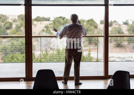 Caucasian businessman talking on cell phone near window Banque D'Images