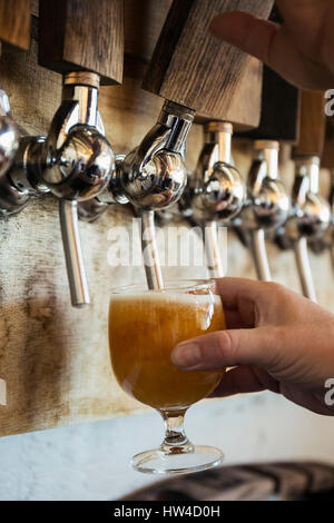 Main de man pouring beer de touchez Banque D'Images