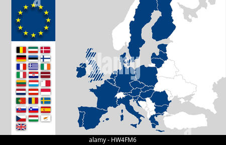 Carte de l'UE - pays de l'Union européenne - Drapeaux - Brexit UK - carte du monde l'Europe, de l'Eurasie Banque D'Images