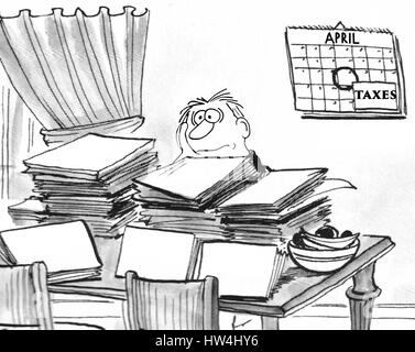 Cartoon illustration à propos d'un homme mécontent d'essayer de faire ses impôts. Banque D'Images