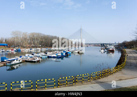 Petit port et vue de l'Ada le pont sur la rivière Sava à Belgrade, Serbie Banque D'Images