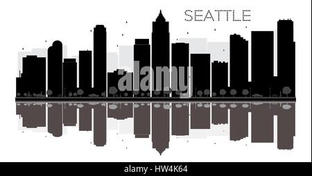 Seattle City skyline silhouette noir et blanc avec reflets. vector illustration. simple télévision concept pour tourisme présentation, bannière Illustration de Vecteur