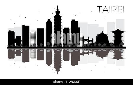 Taipei City skyline silhouette noir et blanc avec des reflets. Vector illustration. Concept simple pour le tourisme, la bannière de présentation Illustration de Vecteur