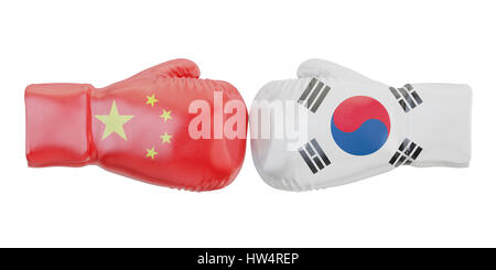 Gants de boxe avec la Corée du Sud et Chine drapeaux. Concept de conflit les gouvernements, rendu 3D Banque D'Images