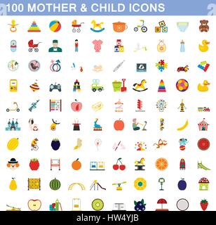 100 la mère et l'enfant style icons set, télévision Illustration de Vecteur