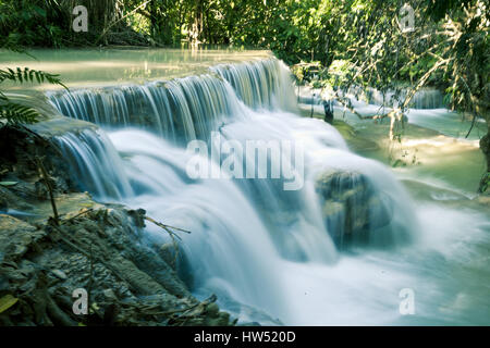 Les spectaculaires chutes de Kuang Si également connu sous le nom de Tat Kuang Si Cascades est une destination touristique populaire à Luang Prabang, Laos. Banque D'Images