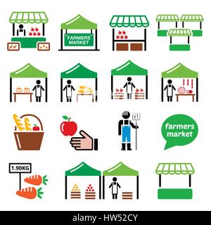 Farmers Market, marché alimentaire avec des produits locaux frais icons set Illustration de Vecteur