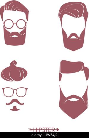 Jeu de coupe de cheveux homme hipster, barbes, moustaches. Conception simple pour logo, silhouette. Vector illustration. Illustration de Vecteur