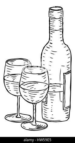 Une bouteille de vin et deux wineglasses part dessiner dans un style rétro vintage style gravé ou gravé sur bois. Banque D'Images