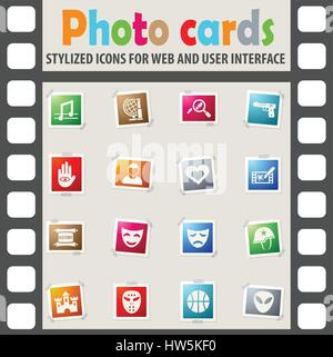 Genre cinéma web icons sur les cartes photos couleur pour l'interface utilisateur Illustration de Vecteur