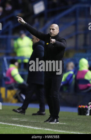 Jaap Stam gestionnaire de lecture des gestes sur la ligne de touche pendant le match de championnat de pari Ciel à Hillsborough, Sheffield. Banque D'Images