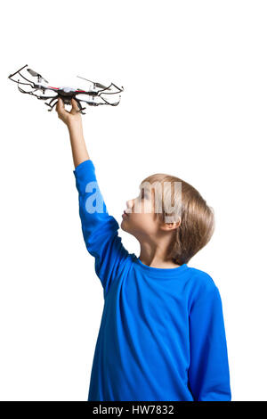 Petit enfant qui drone isolated on white Banque D'Images