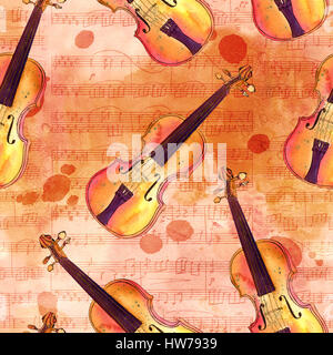 Modèle sans couture avec l'aquarelle sur des violons de sheet music Banque D'Images