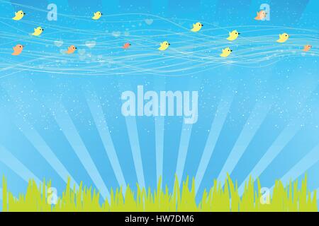 Le fond est vert printemps. Vector illustration pour votre conception. Les oiseaux sur une prairie fly Illustration de Vecteur