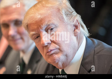 Washington, US. Mar 17, 2017. Le président américain, Donald Trump (R) s'assoit à côté de son vice-président Mike Pence au cours d'une réunion avec des représentants de l'industrie à Washington, États-Unis, 17 mars 2017. Merkel et Trump a rencontré à la Maison Blanche pour la première fois. Photo : Michael Kappeler/dpa/Alamy Live News Banque D'Images