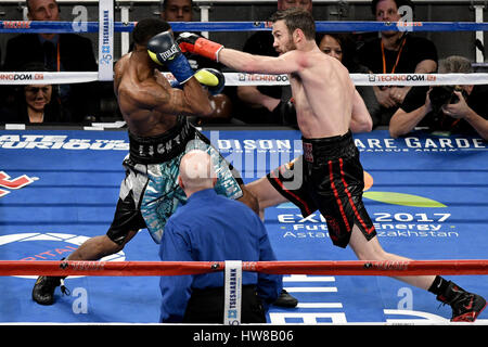 New York, New York, USA. 18 Mar, 2017. ANDY LEE (noir & rouge) et KeAndre Leatherwood bataille dans un combat des poids moyens au Madison Square Garden de New York. Crédit : Joel Plummer/ZUMA/Alamy Fil Live News Banque D'Images