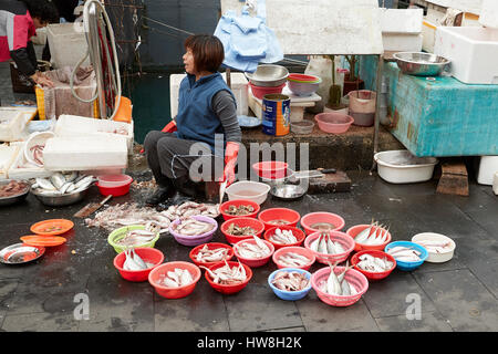 Femme chinoise le nettoyage des poissons fraîchement pêchés dans le port d'Aberdeen, Hong Kong. Banque D'Images