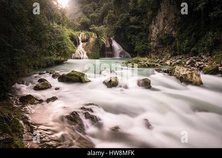 Guatemala, département d'Alta Verapaz, Lanquin, le site naturel de Semuc Champey, Cahabon le long de la rivière à 300 mètres des cascades et des piscines naturelles d'eau turquoise Banque D'Images