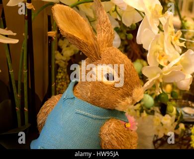 Le printemps arrive, le lapin de Pâques parmi les fleurs et les œufs de couleur aident à célébrer le bourgeonnement annuel. Banque D'Images