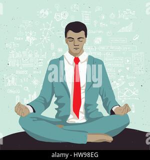 Businessman meditating avec arrière-plan de réseau social éléments croquis doodles Illustration de Vecteur