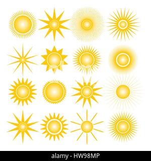 Ensemble de seize différents icônes soleil, isolé sur fond blanc, les éléments de conception d'illustration vectorielle, météo. Illustration de Vecteur