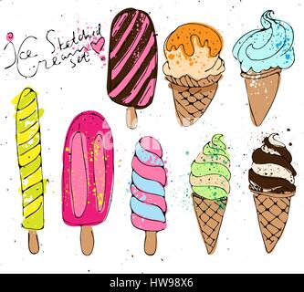 Ensemble de main attirer la crème glacée de couleur illustration Illustration de Vecteur