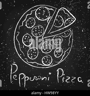 Pizza au pepperoni, tracé à la craie sur un tableau noir Illustration de Vecteur