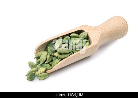 Cardamome verte en écope isolé sur fond blanc. Heap de cardamon pods. D'épices indiennes. Condiment Banque D'Images