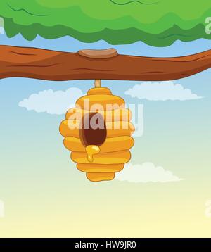 Les abeilles du miel ruche hanging on tree branch Illustration de Vecteur