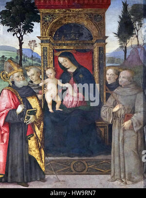 Fresque de la Vierge à l'enfant et saints par Aiuto del Pinturicchio dans Basso della Rovere chapelle en l'église de Santa Maria del Popolo, Rome Banque D'Images