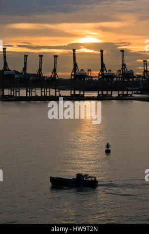 Vue verticale de Tanjong Pagar Container Terminal à Singapour au coucher du soleil. Banque D'Images